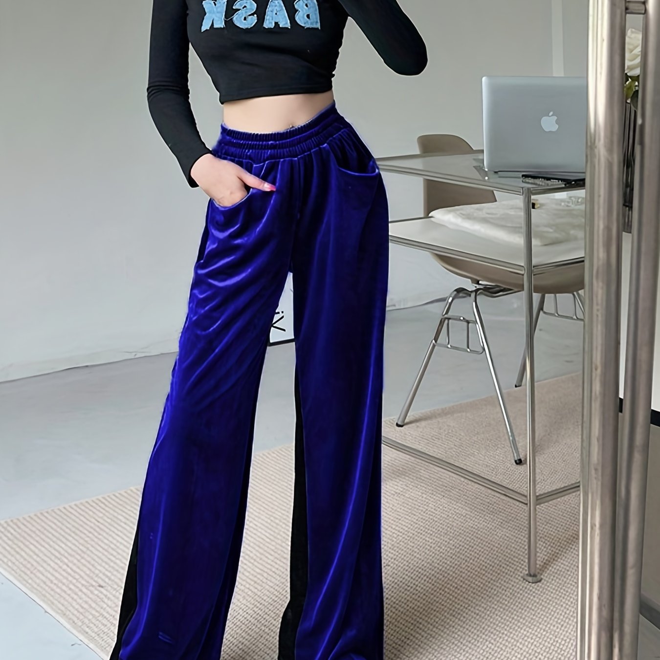 Velvet High Waist Pants, Casual Elastic Wide Leg Draped Pants With Pockets, Women's Clothing