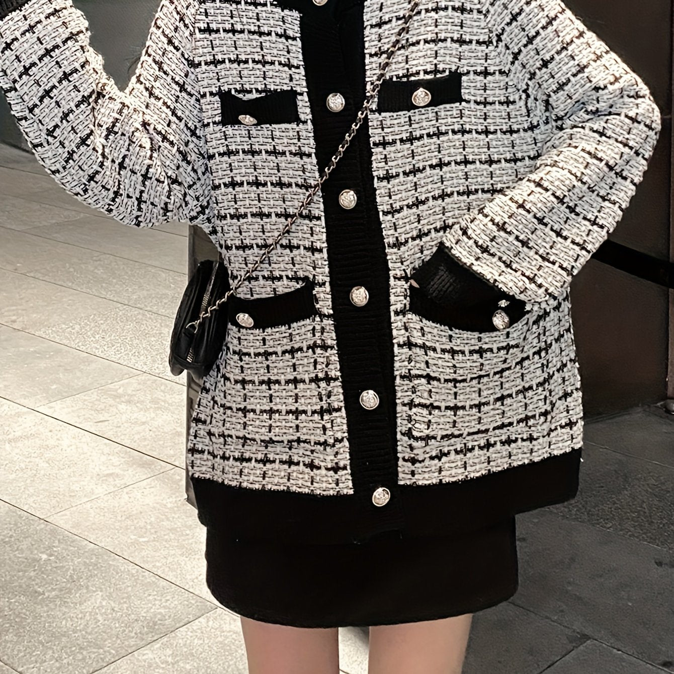 gbolsos Preppy Plaid Pattern Button Up Pocket Cardigan, Casual Long Sleeve Cardigan For Fall & Winter, Women's Clothing
