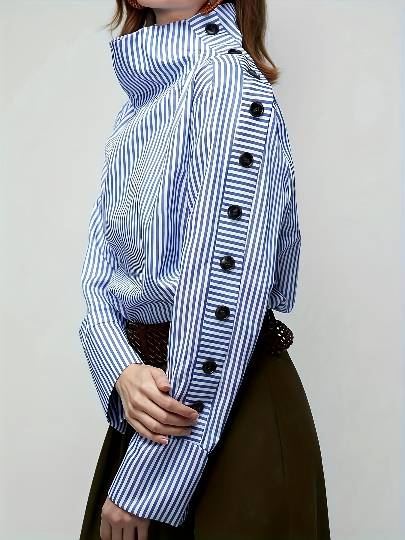 gbolsos Stripe Print Button Decor Blouse, Casual Long Sleeve Blouse For Spring & Fall, Women's Clothing
