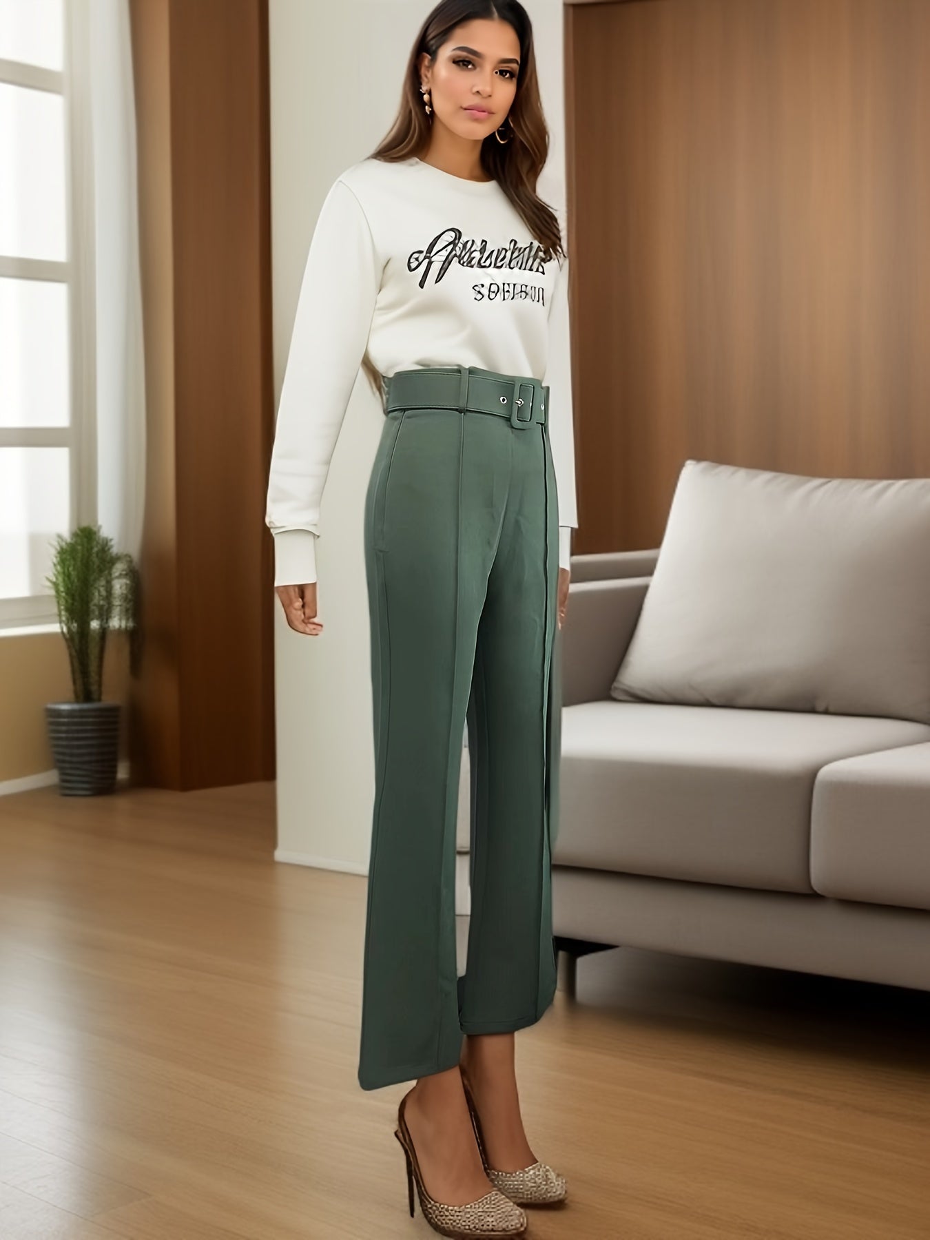 gbolsos Solid Slim Flared Leg Pants, Casual High Waist Commuter Pants With Belt, Women's Clothing