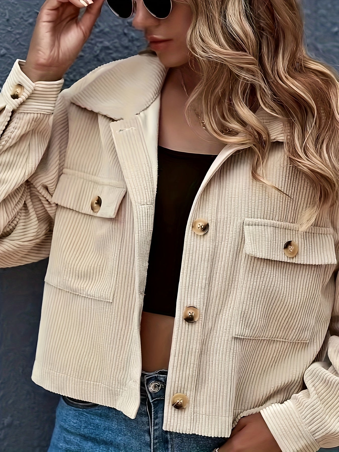 gbolsos Button Front Solid Jacket, Casual Long Sleeve Collar Outerwear, Women's Clothing