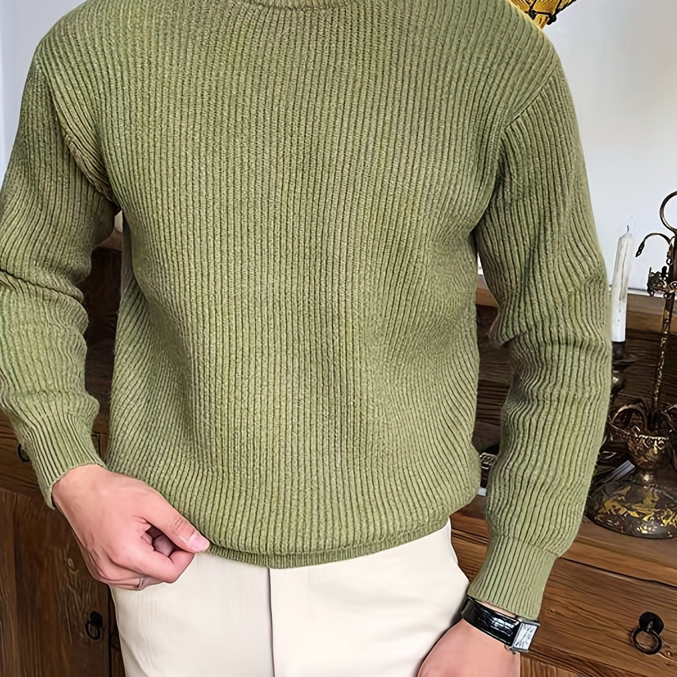 gbolsos Warm Texture Knitted Sweater, Men's Casual Solid Color Slightly Stretch Round Neck Pullover Sweater For Fall Winter