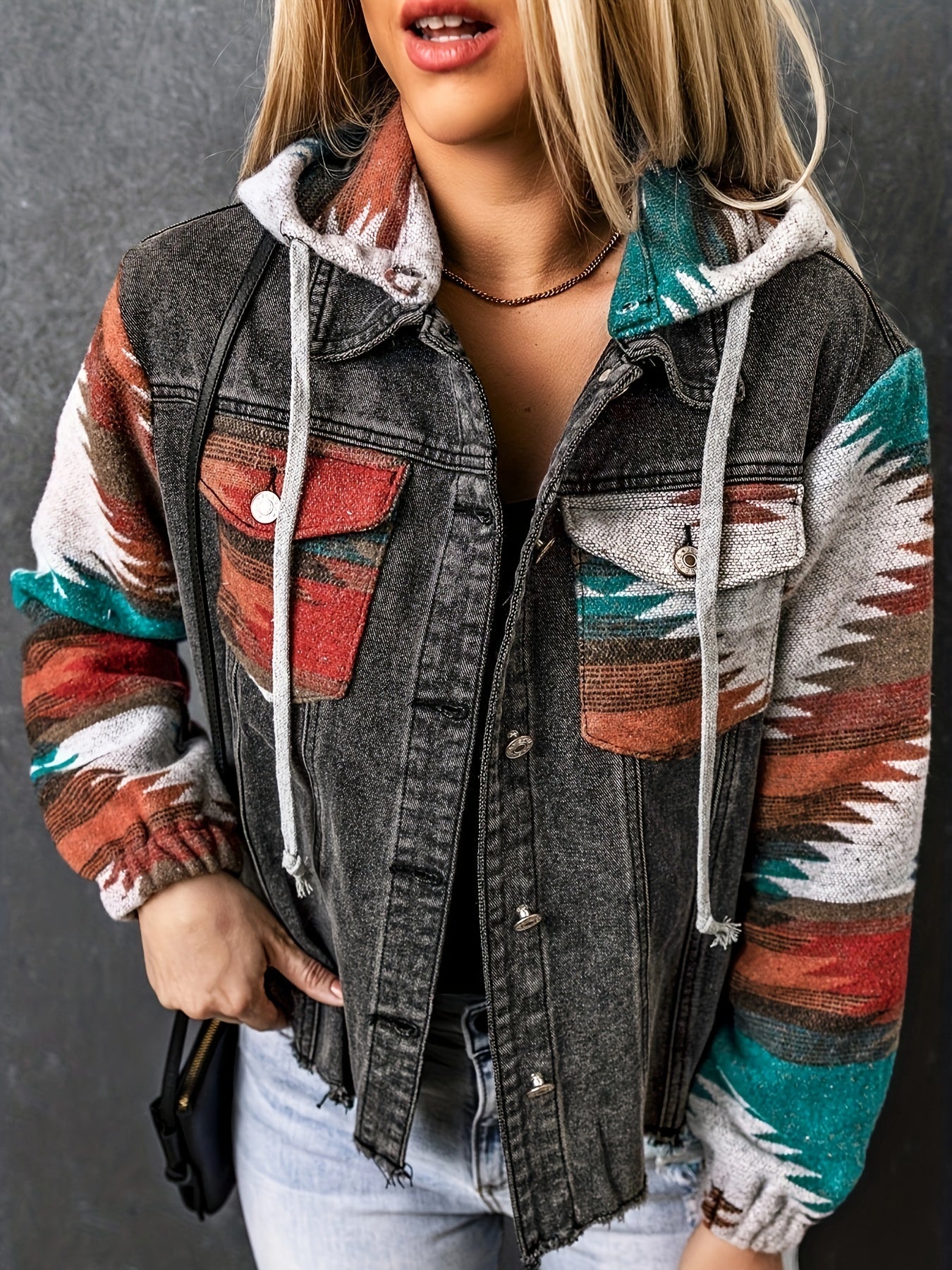 gbolsos Multicolor Aztec Print Frayed Hem Denim Jacket, Street Pockets Loose Outerwear, Women's Clothing