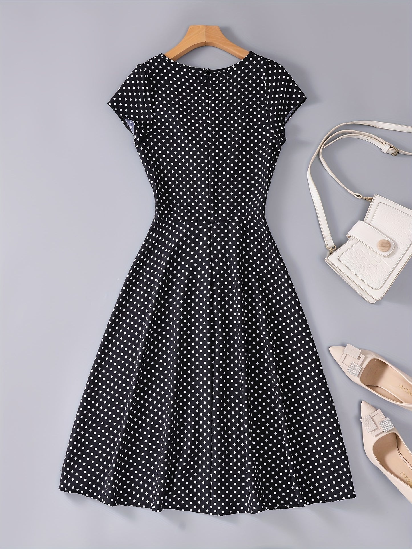 gbolsos Polka Dot Keyhole Dress, Casual Crew Neck Cap Sleeve Slim Waist Dress, Women's Clothing