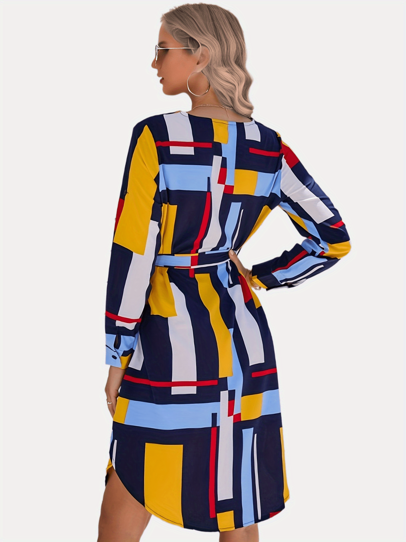 Color Block Belt V Neck Dress, Casual Long Sleeve Dress For Spring & Fall, Women's Clothing