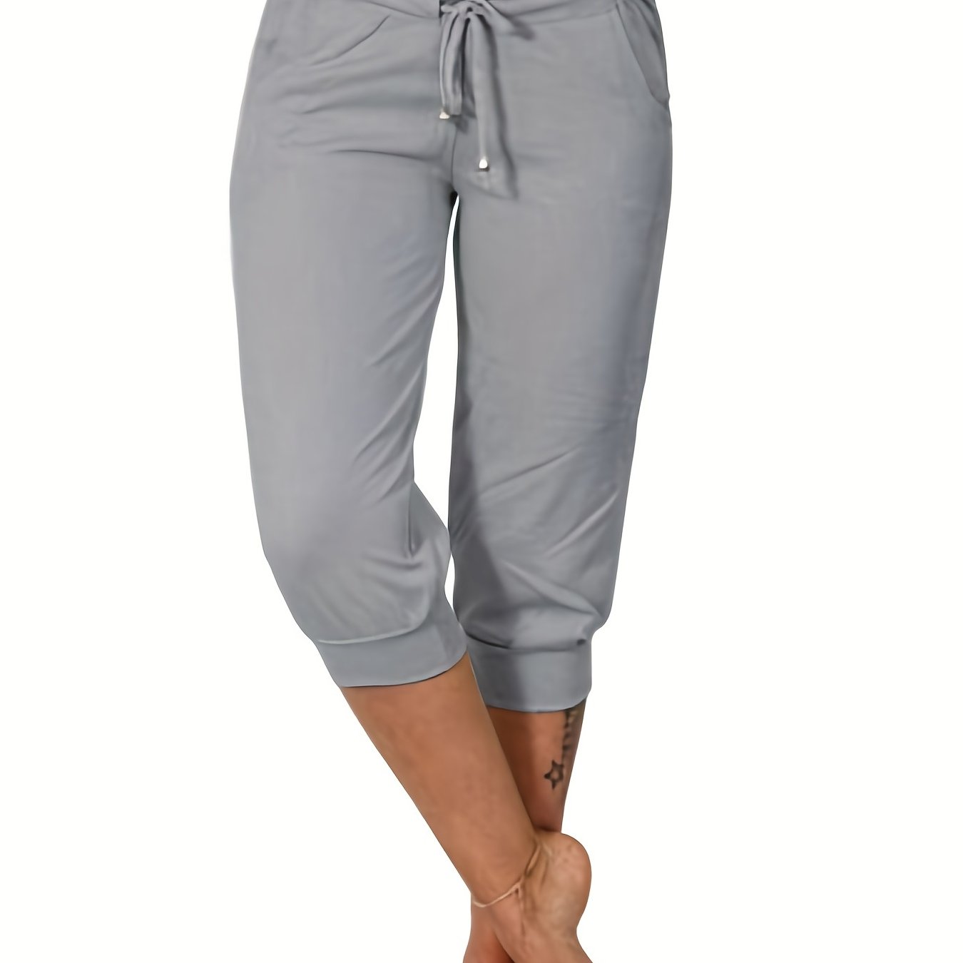 gbolsos Drawstring Workout Cropped Pants, Casual Solid Summer Pants With Pockets, Women's Clothing