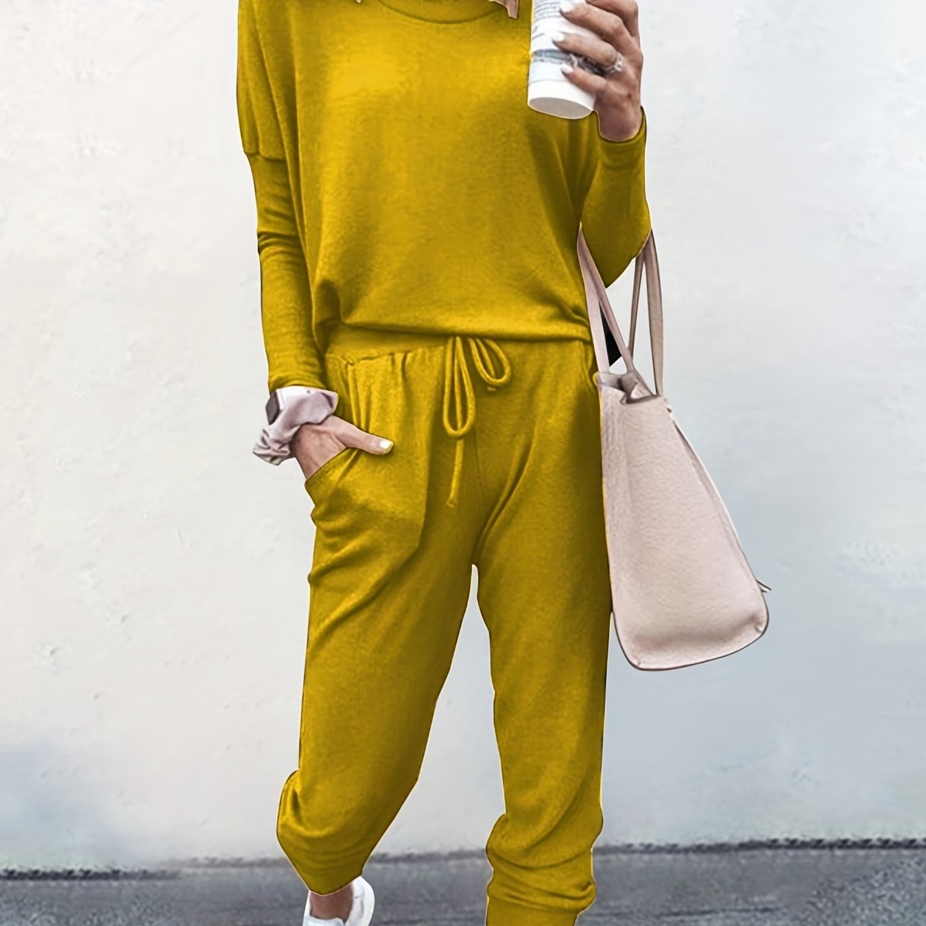 gbolsos Casual Solid Two-piece Set, Long Sleeve T-shirt & Drawstring Pants Outfits, Women's Clothing