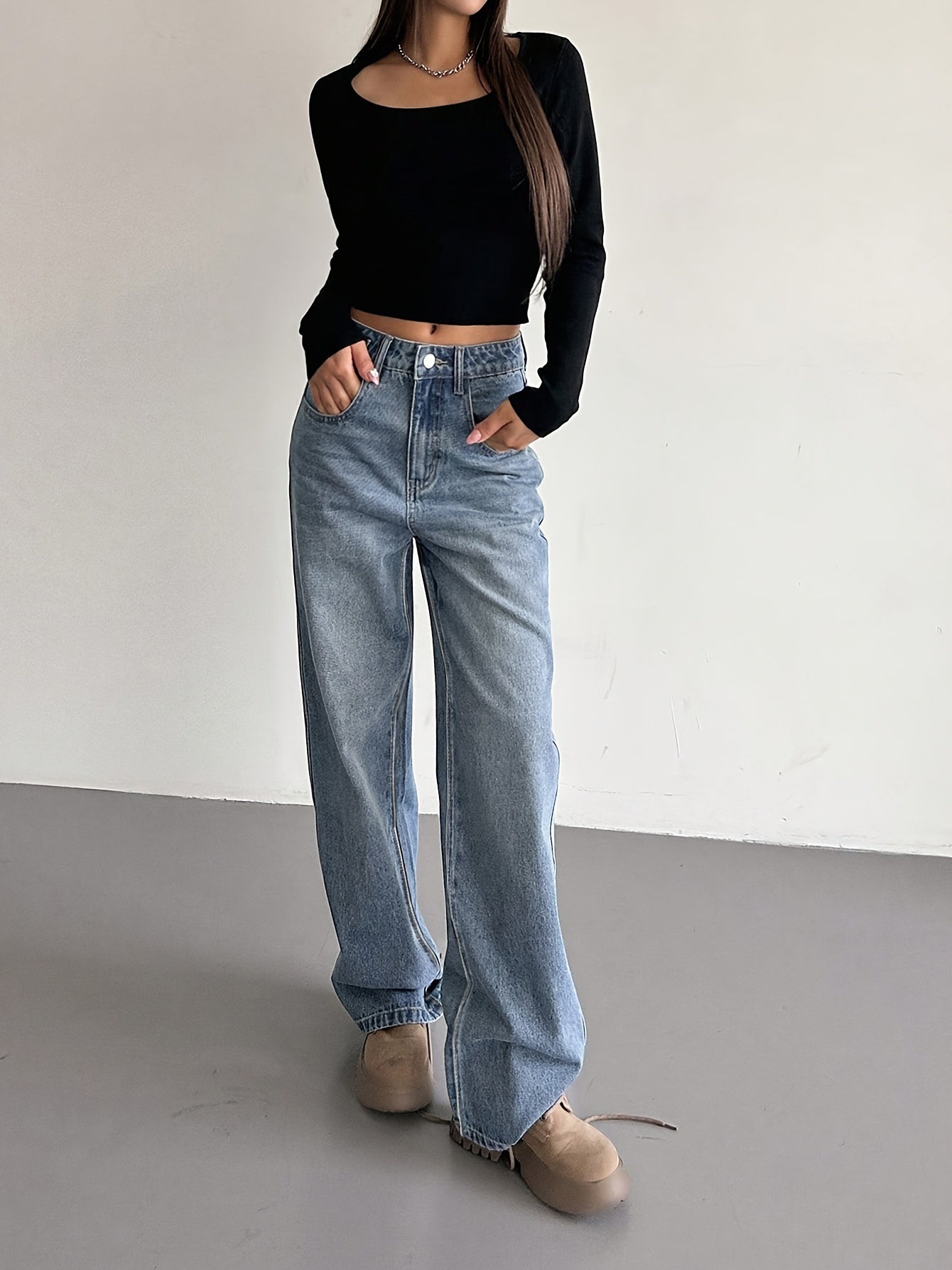 gbolsos Loose Fit Washed Straight Jeans, Slant Pockets Non-Stretch Casual Denim Pants, Women's Denim Jeans & Clothing