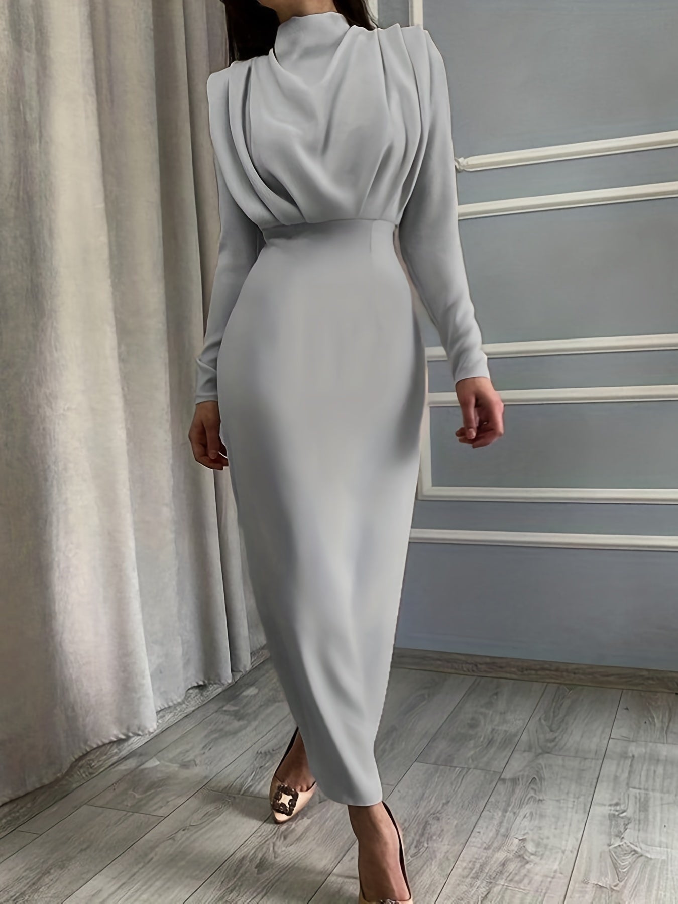 Solid Ruched Dress, Elegant Simple Long Sleeve Slim Waist Dress, Women's Clothing