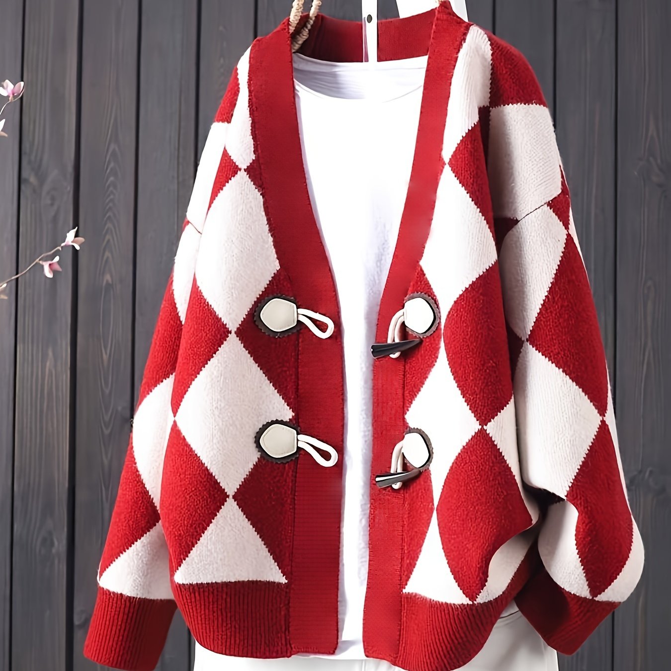 gbolsos Red & White Argyle Loose Cardigans, Vintage V-neck Long Sleeve Fall Winter Knit Cardigan, Women's Clothing