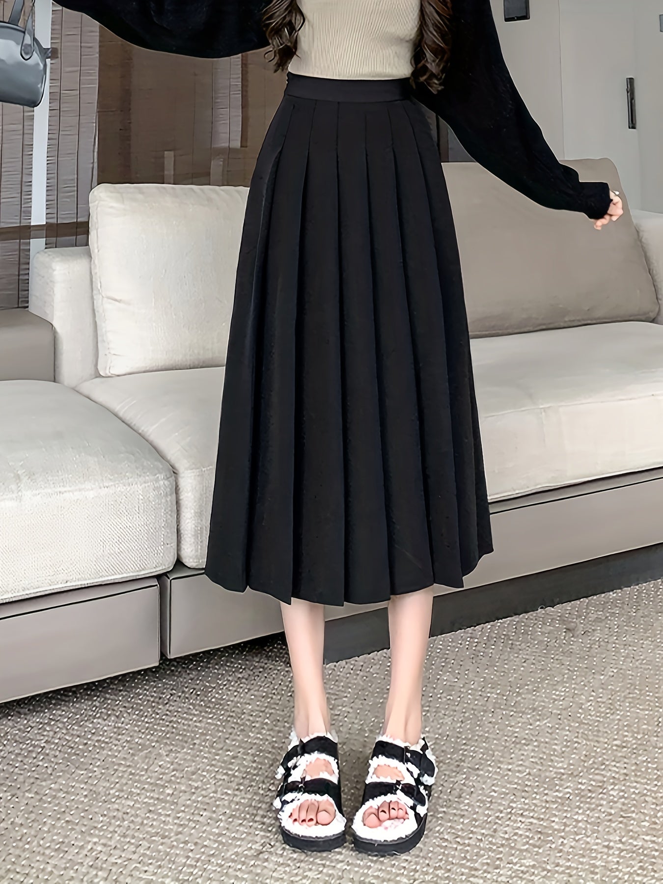 gbolsos Solid High Waist Skirt, Elegant Pleated Midi Draped Skirt, Women's Clothing
