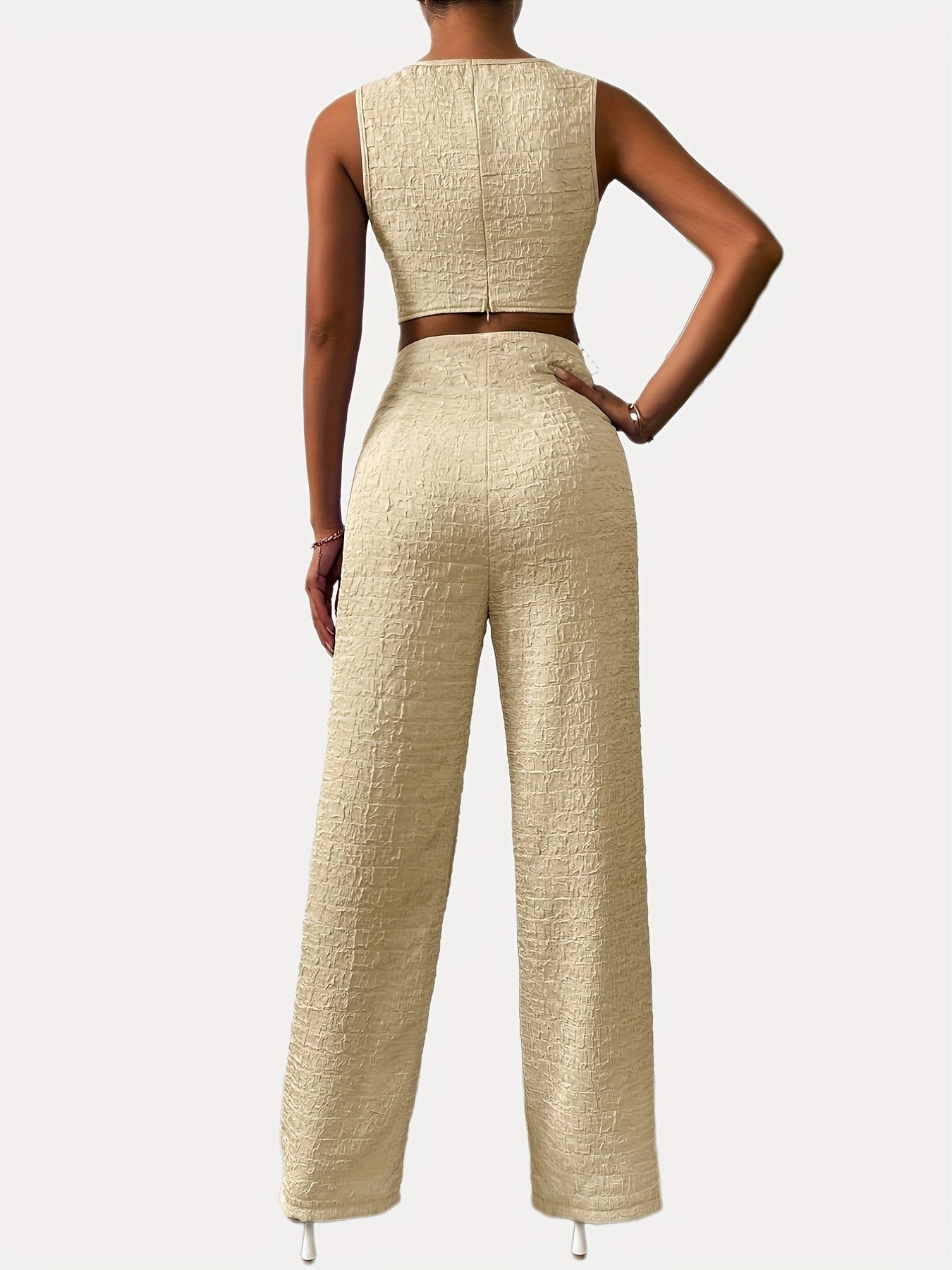 gbolsos Casual Solid Two-piece Set, Tassel Sleeveless Crew Neck Tops & Wide Leg Pants Outfits, Women's Clothing