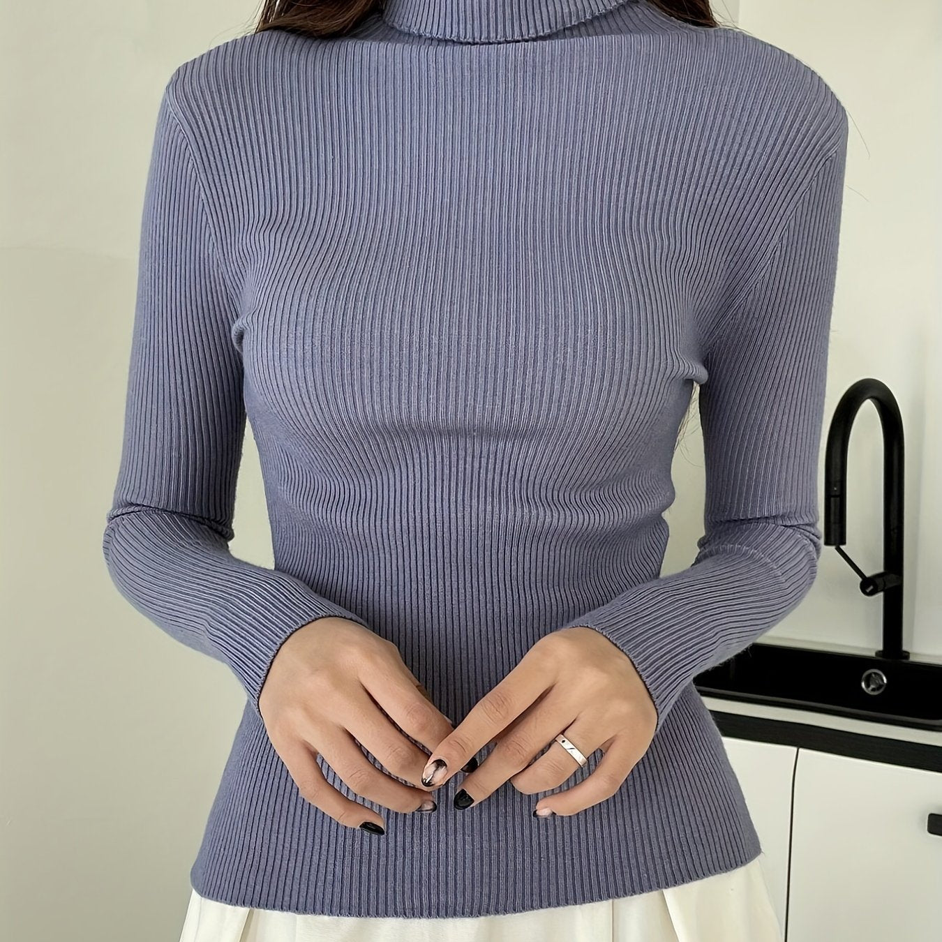 gbolsos Women's Sweater Turtleneck Solid Ribbed Long Sleeve Slim Pullover Knit Tops