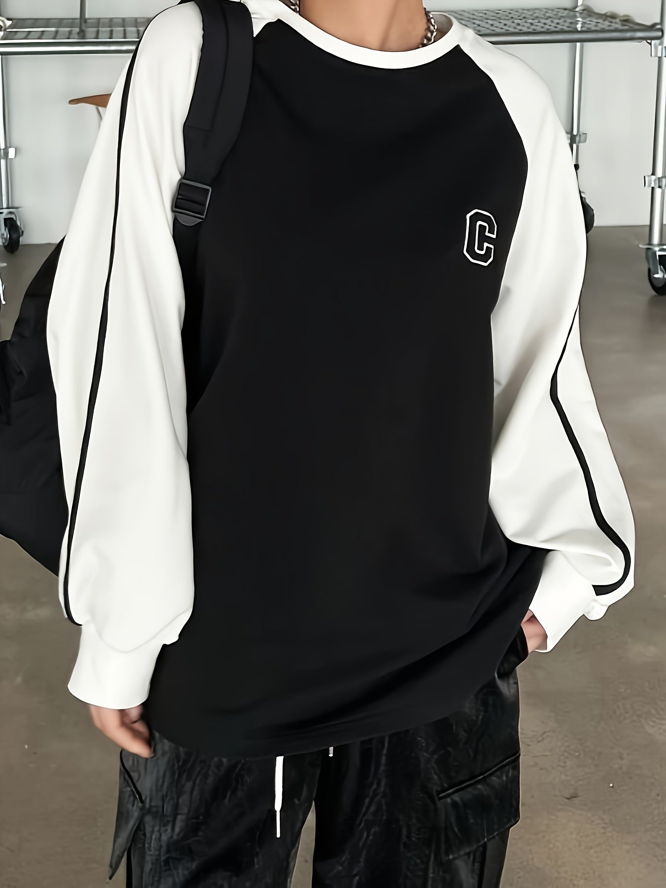 Letter Print Pullover Sweatshirt, Casual Color Block Long Sleeve Crew Neck Sweatshirt For Fall & Winter, Women's Clothing