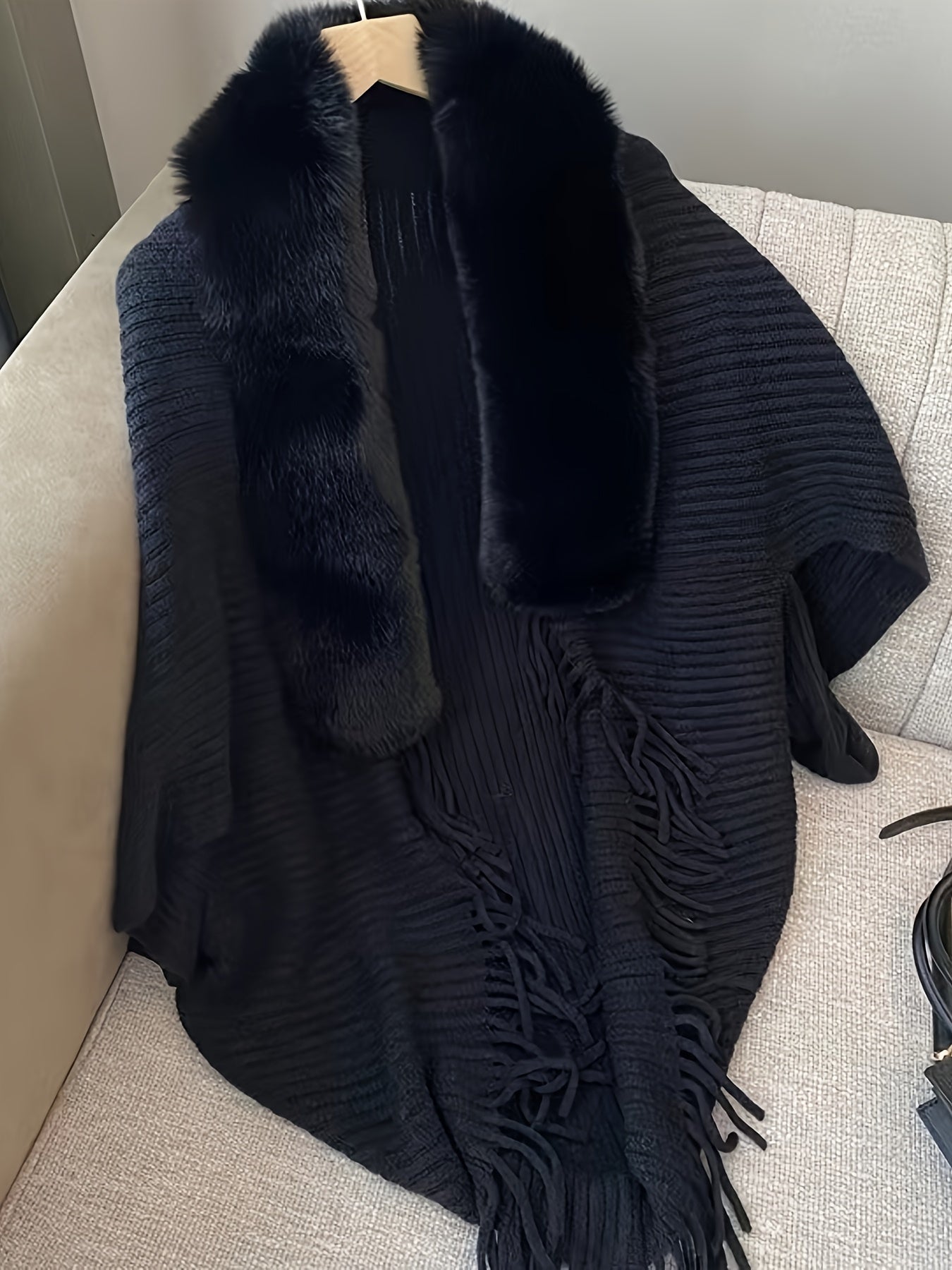 Tassel Cape Knit Sweater, Casual Open Front Solid Sweater, Women's Clothing