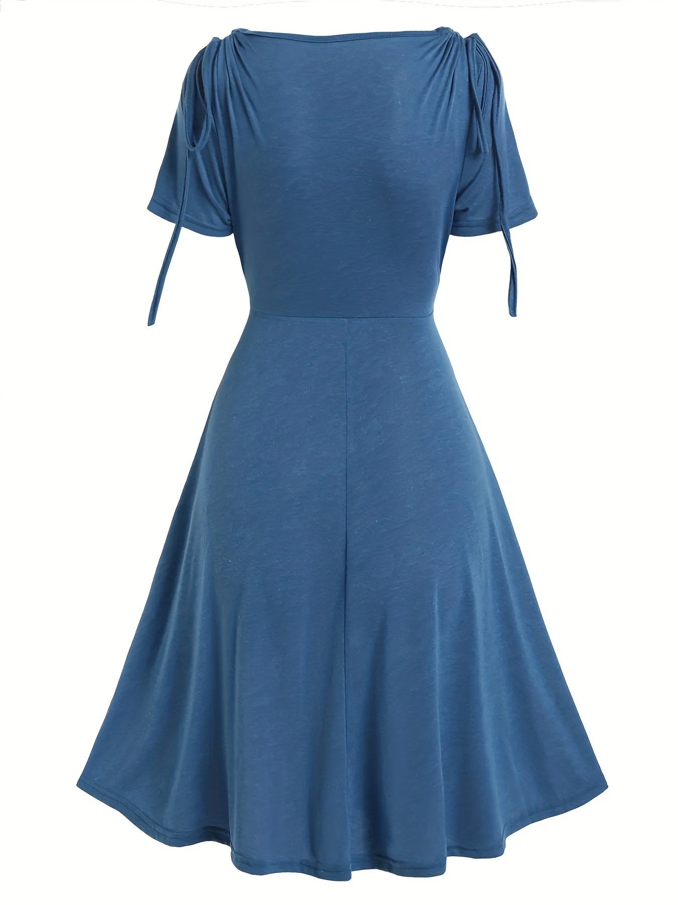 Solid Draped Drawstring Dress, Elegant V Neck Short Sleeve Pleated Dress, Women's Clothing