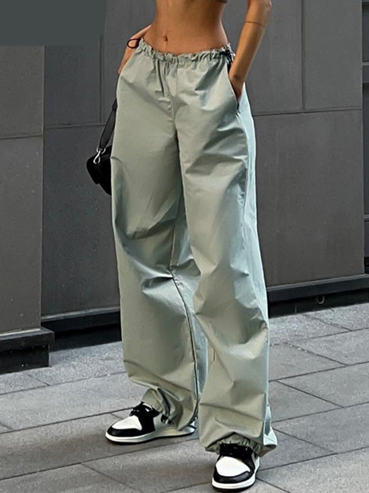 Gbolsos Fashion High Street Cargo Pants Women Casual Sweatpants Solid Loose Trousers Drawstring Waist Wide Leg Pants Y2K Party