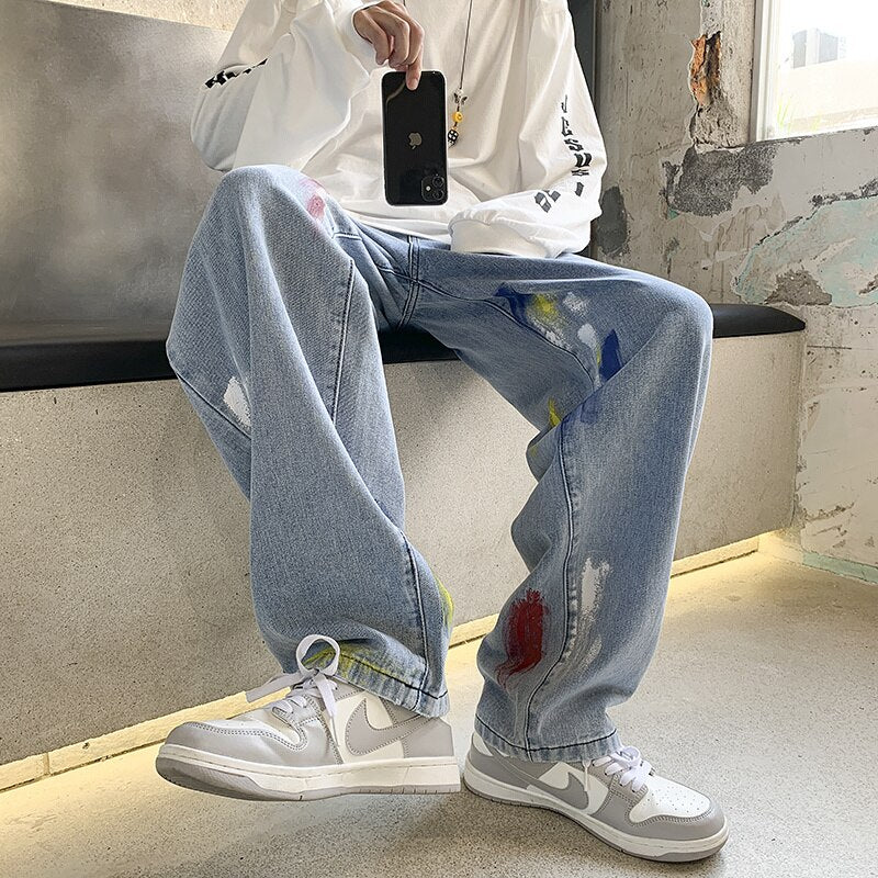Gbolsos Design sense graffiti jeans women fashion wide legs versatile high waist Hong Kong style straight tube spring and autumn high