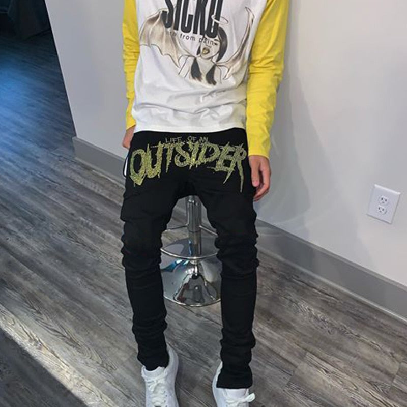 Gbolsos New Men Trend Black Ripped Jeans Fashion Street Hole Trousers Cozy Skinny Design Hot Rhinestone Stretch Soft Washed Denim Pants