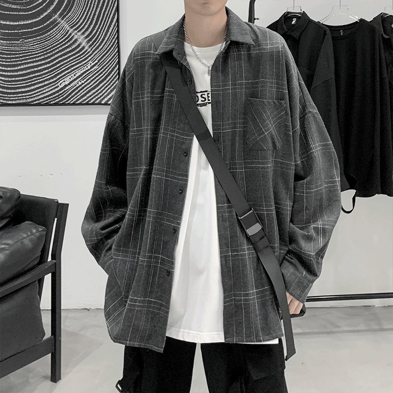 Gbolsos Japanese Fashion Spring Plaid Shirt Men Long Sleeve Handsome All-match Casual Loose Summer Oversized Vintage Harajuku Shirt