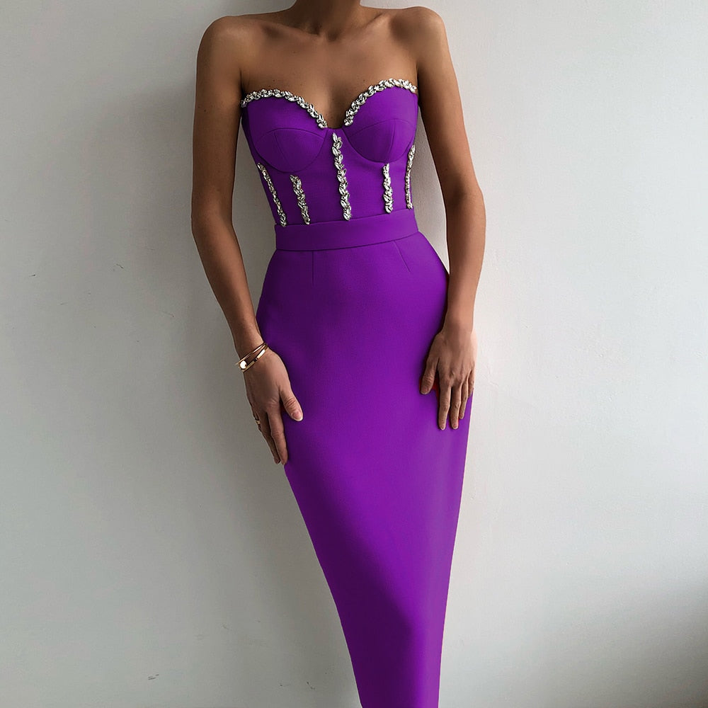 Gbolsos Sexy Strapless Women Dress Bandage Bodycon New Elegant Beading Party Evening Club Midi Dresses Summer Autumn Clothes