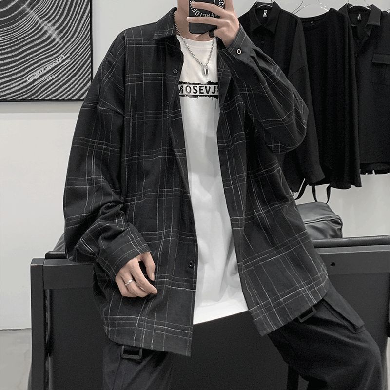 Gbolsos Japanese Fashion Spring Plaid Shirt Men Long Sleeve Handsome All-match Casual Loose Summer Oversized Vintage Harajuku Shirt