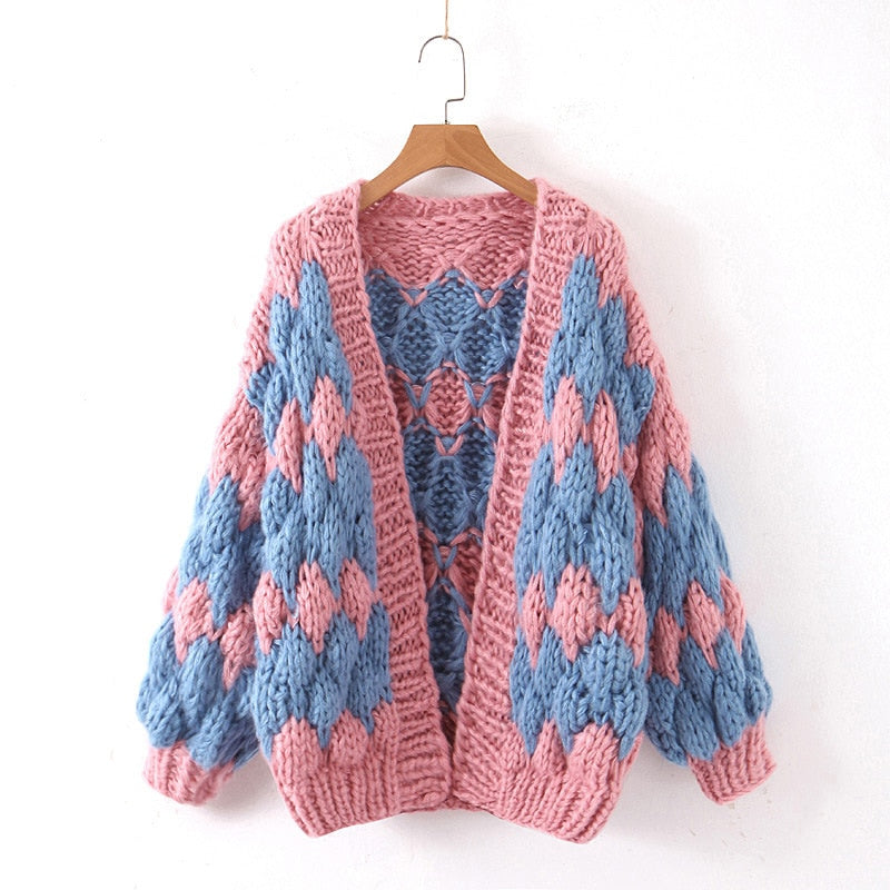 Jastie Winter Fashion Women's Cardigans Strawberry Pattern Single-Breasted V-Neck Puff Sleeve Loose Sweater кардиган