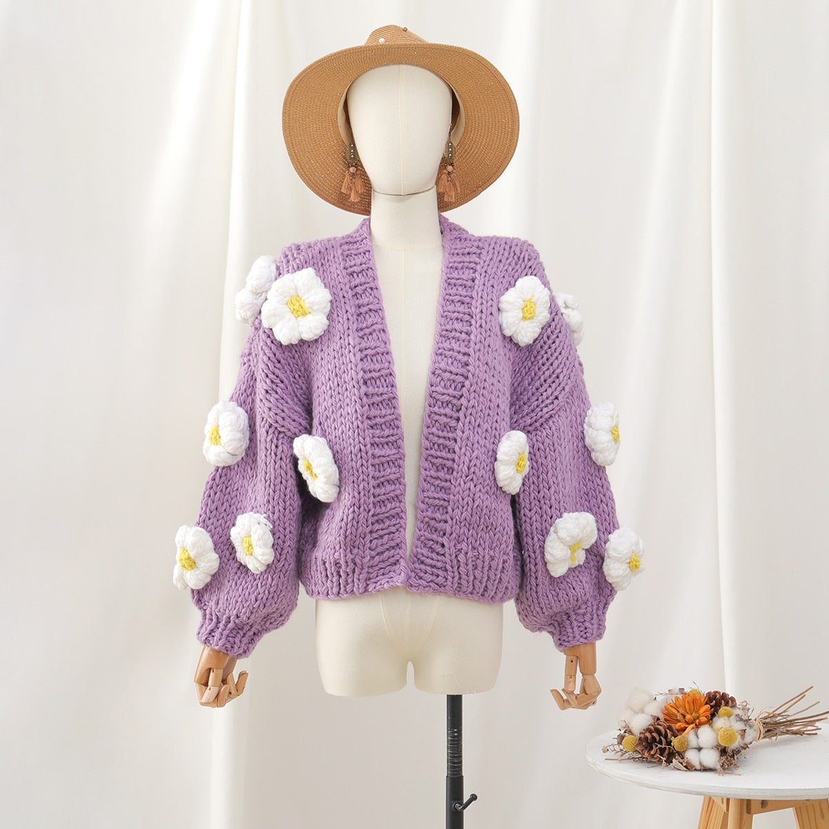 Jastie Winter Fashion Women's Cardigans Strawberry Pattern Single-Breasted V-Neck Puff Sleeve Loose Sweater кардиган