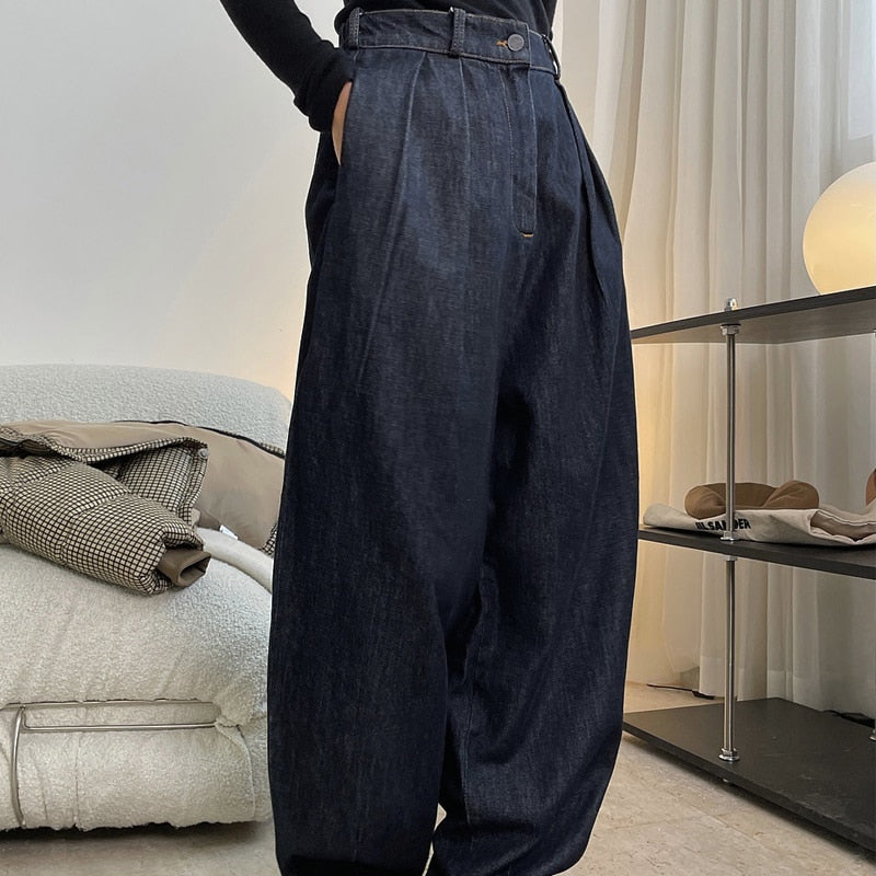 Gbolsos Autumn And Winter Women's Casual Solid Color High-rise Loose Wide-leg Jeans