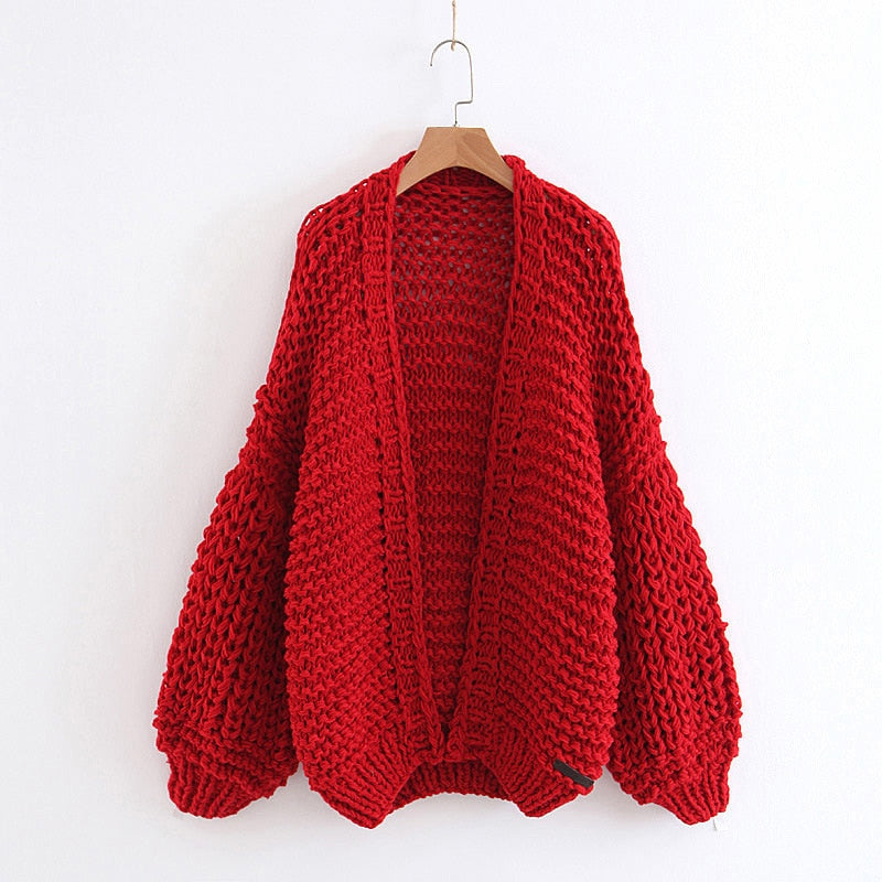 Jastie Winter Fashion Women's Cardigans Strawberry Pattern Single-Breasted V-Neck Puff Sleeve Loose Sweater кардиган