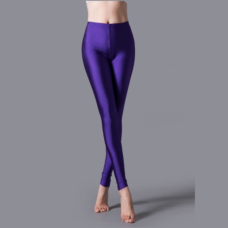 Gbolsos Women Solid Color Pants Leggings Shinny Elasticity Casual Trousers Fluorescent Spandex Candy Ankle-Length Knitted Bottom