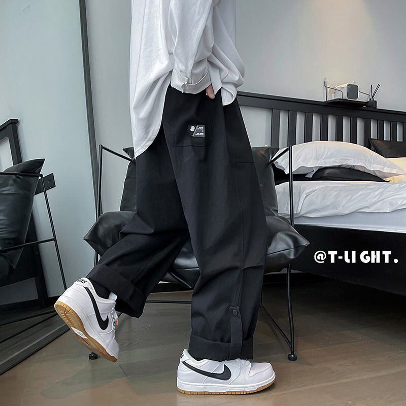 Gbolsos Solid Color Wide Leg Pants Mens Oversized Casual Fashion Streetwear Vintage Male Cargo Pants Straight Loose Trousers