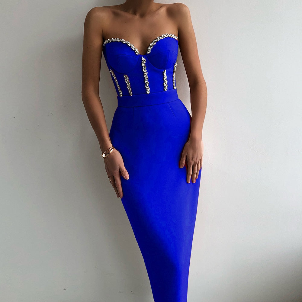 Gbolsos Sexy Strapless Women Dress Bandage Bodycon New Elegant Beading Party Evening Club Midi Dresses Summer Autumn Clothes