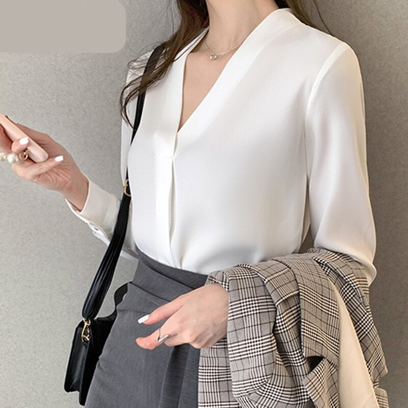 Gbolsos New Chiffon White V-neck Women's Blouses Long Sleeve Spring High Street Shirt Ladies Top Chemisier S-XXL Solid Color