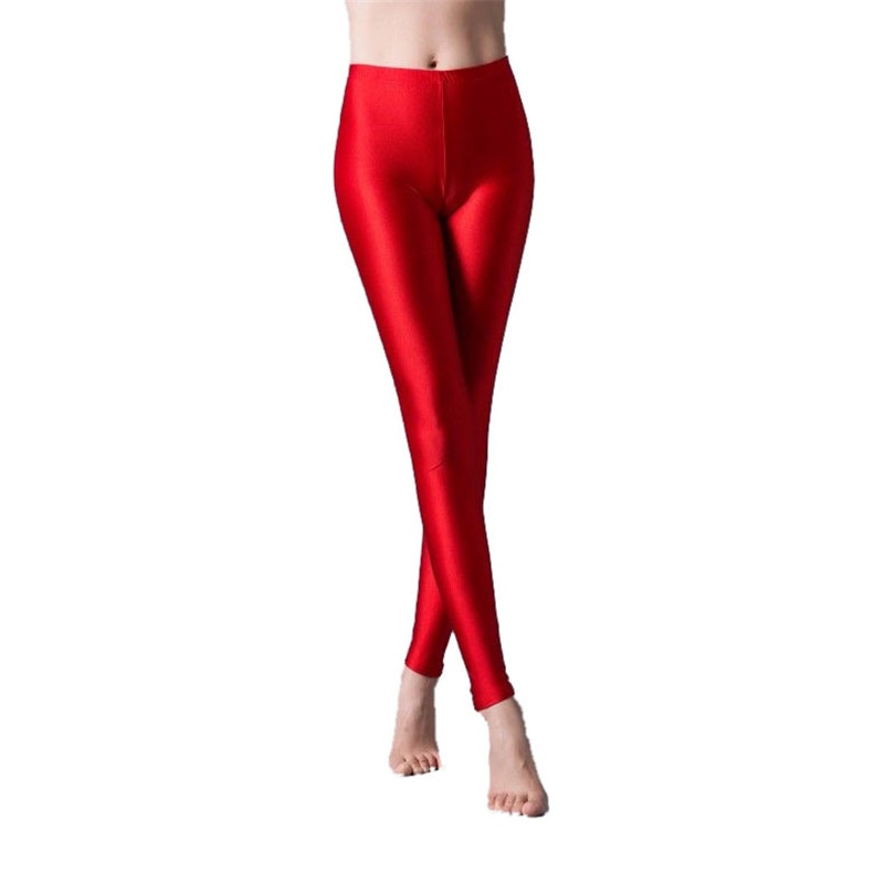 Gbolsos Women Solid Color Pants Leggings Shinny Elasticity Casual Trousers Fluorescent Spandex Candy Ankle-Length Knitted Bottom