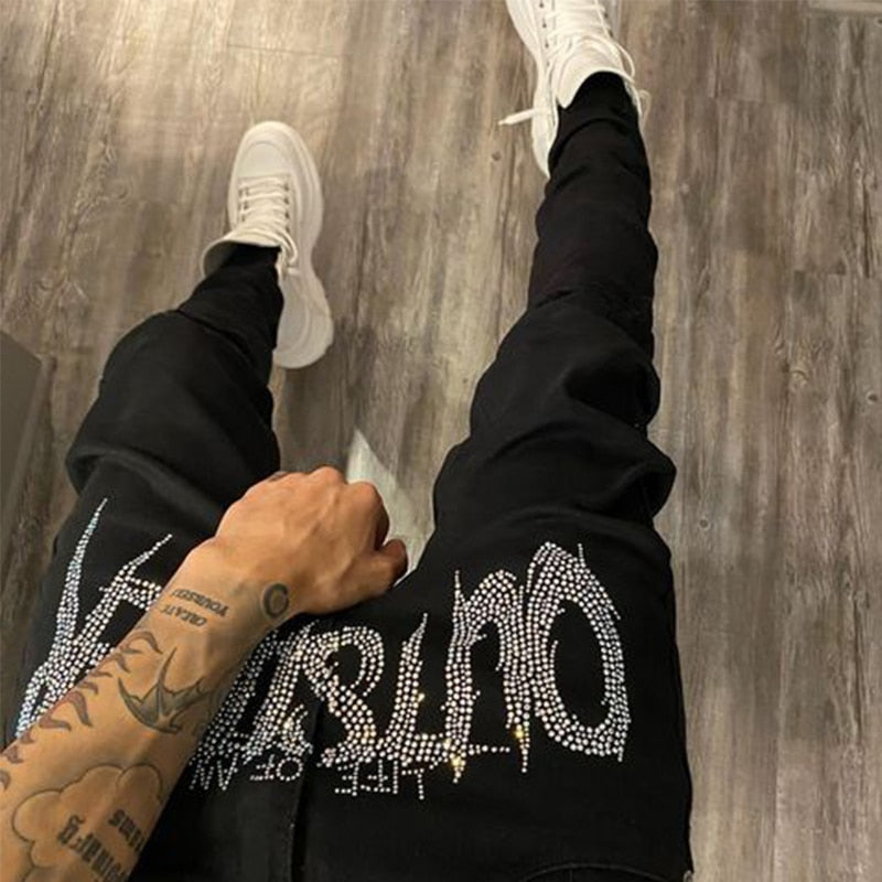 Gbolsos New Men Trend Black Ripped Jeans Fashion Street Hole Trousers Cozy Skinny Design Hot Rhinestone Stretch Soft Washed Denim Pants