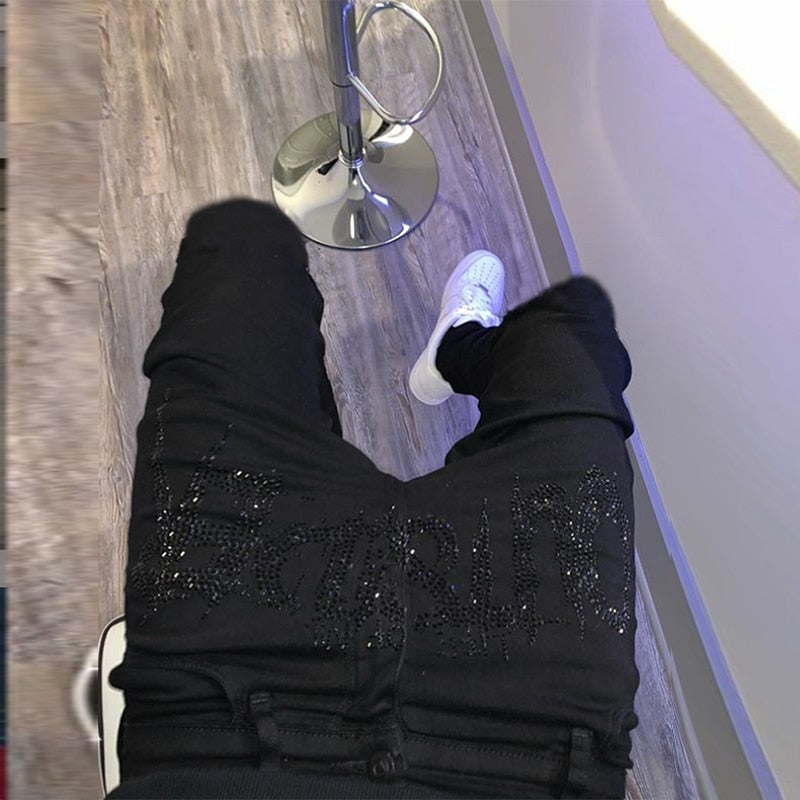 Gbolsos New Men Trend Black Ripped Jeans Fashion Street Hole Trousers Cozy Skinny Design Hot Rhinestone Stretch Soft Washed Denim Pants