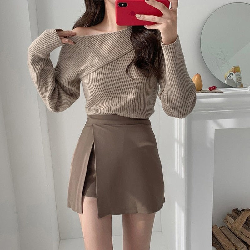 Gbolsos Mini Skirts Women Irregular Solid Side-slit Stretchy Korean Style Trendy Chic OL High Waist Female Bottom Popular Spring Autumn