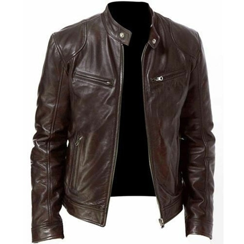 Gbolsos Autumn Male Leather JacketNew Black Brown Mens Stand Collar Coats Leather Biker Jackets Motorcycle Leather Jacket