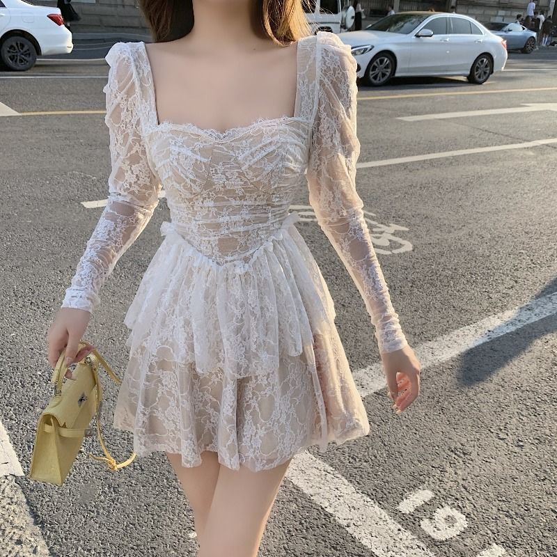 French Sweet Lace Fairy Dress Women Sexy Slim Korean Party Vintage Dress Elegant Princess Long Sleeve Ruffles Retro Dresses