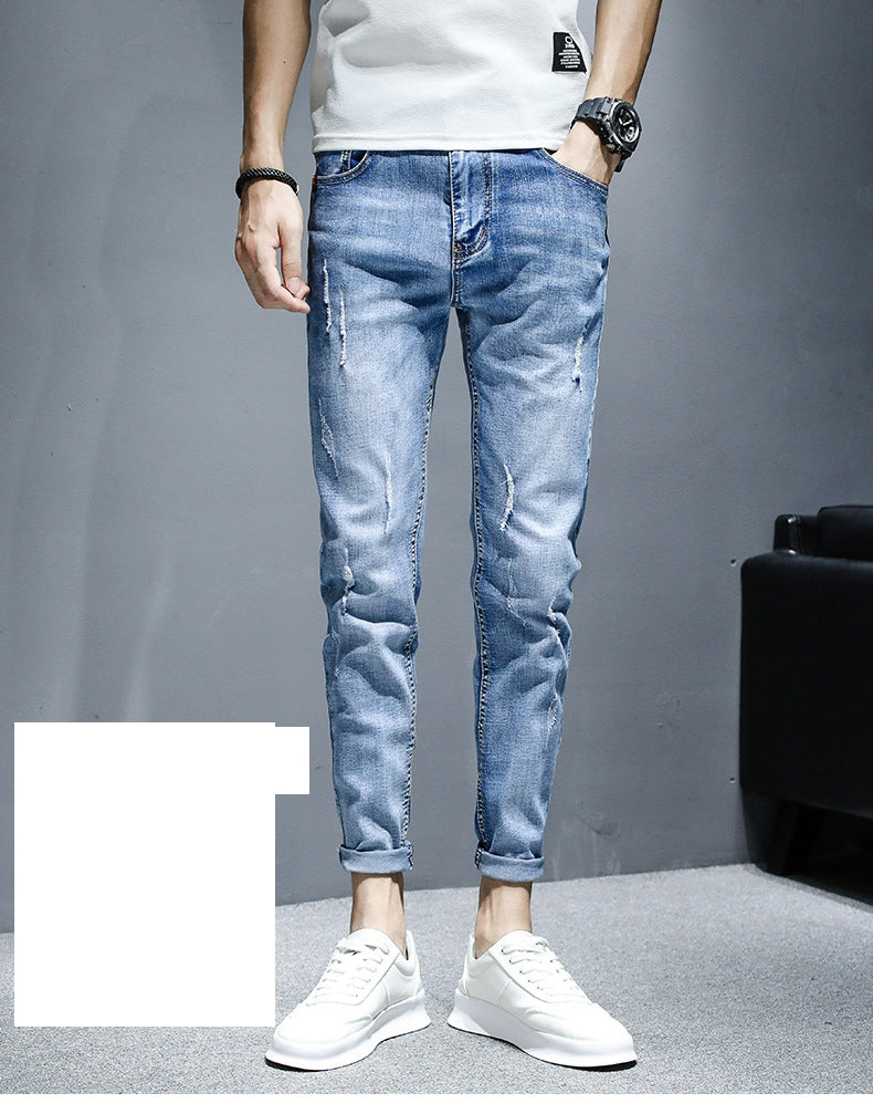 Gbolsos2021 teenagers Denim Jeans men's Korean feet brand stretch men's trousers summer thin casual ripped ankle length pants