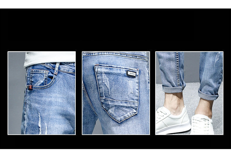 Gbolsos2021 teenagers Denim Jeans men's Korean feet brand stretch men's trousers summer thin casual ripped ankle length pants
