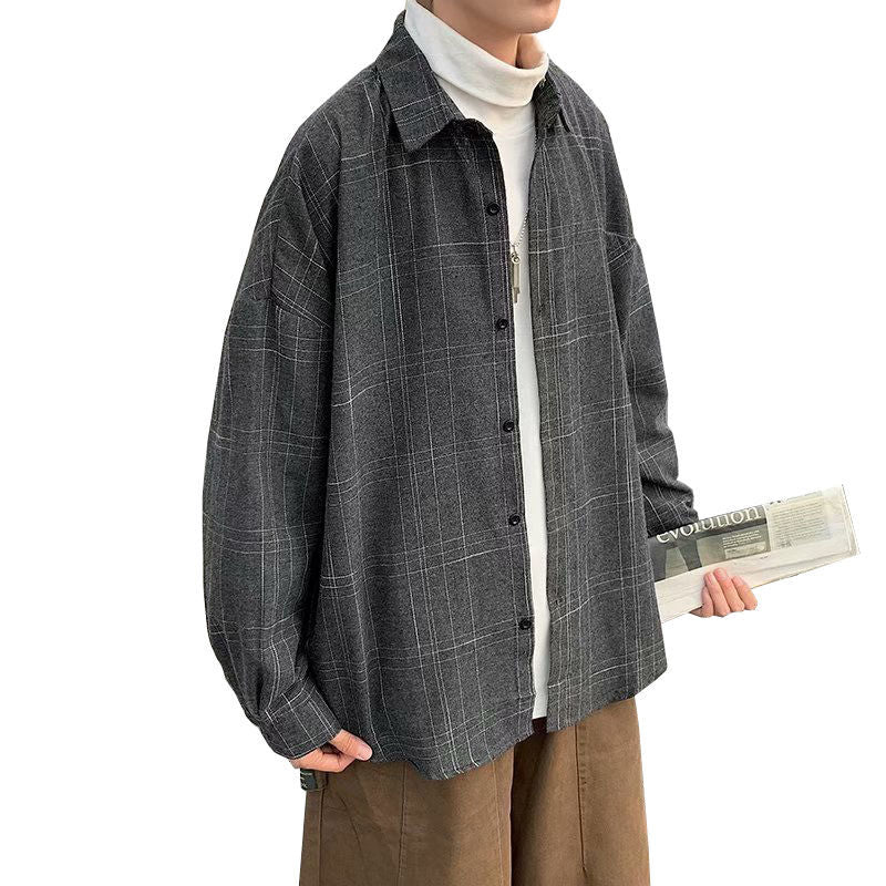 Gbolsos Japanese Fashion Spring Plaid Shirt Men Long Sleeve Handsome All-match Casual Loose Summer Oversized Vintage Harajuku Shirt