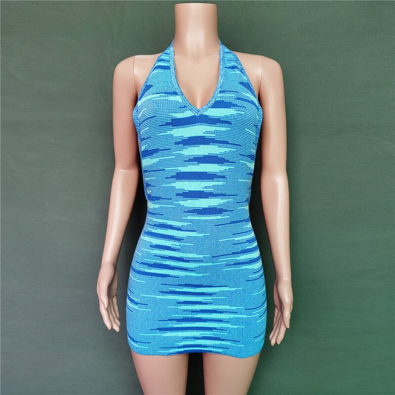Gbolsos V-Neck Knitted Dress Tie-Dye Holiday Party Backless Beach Cover-Up Dress Bodycon Slim Sleeveless Summer Mini Sweater Dress