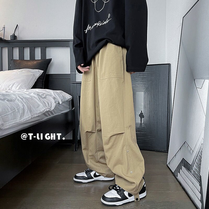 Gbolsos Solid Color Wide Leg Pants Mens Oversized Casual Fashion Streetwear Vintage Male Cargo Pants Straight Loose Trousers