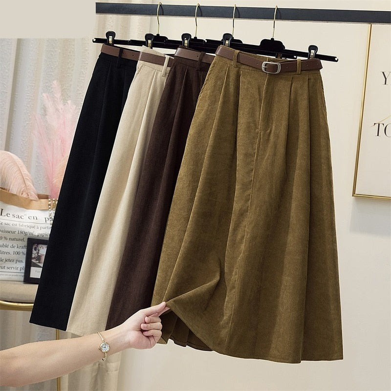 Gbolsos Long Skirts Women Corduroy Classy Tender Retro Autumn College Ladies Cozy Ins Prevalent Basic Leisure All-match Feminino Newest