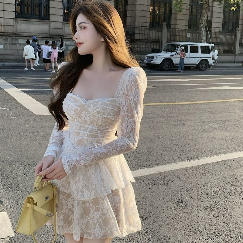 French Sweet Lace Fairy Dress Women Sexy Slim Korean Party Vintage Dress Elegant Princess Long Sleeve Ruffles Retro Dresses