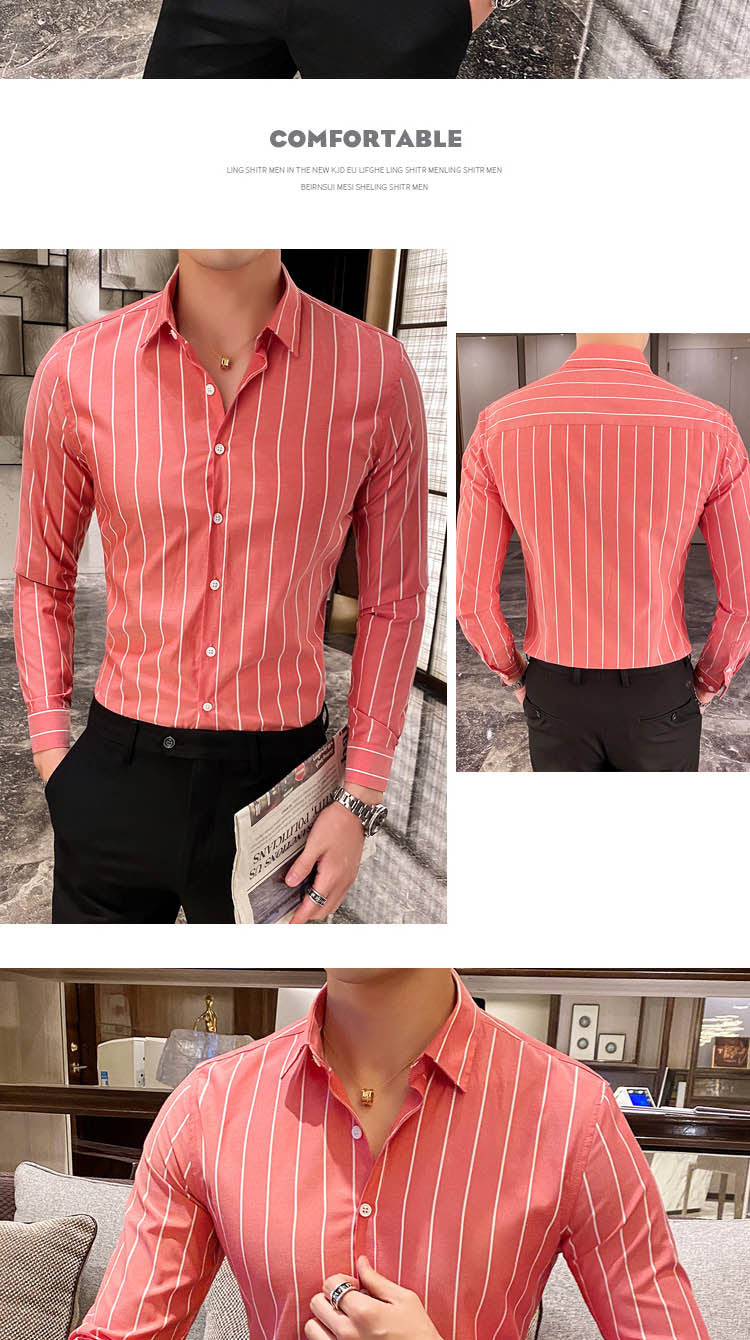 Gbolsos Korea Style Handsome Fashion Mens Shirts Button Down Slim Fit Long Sleeve Striped Shirts Asain Size
