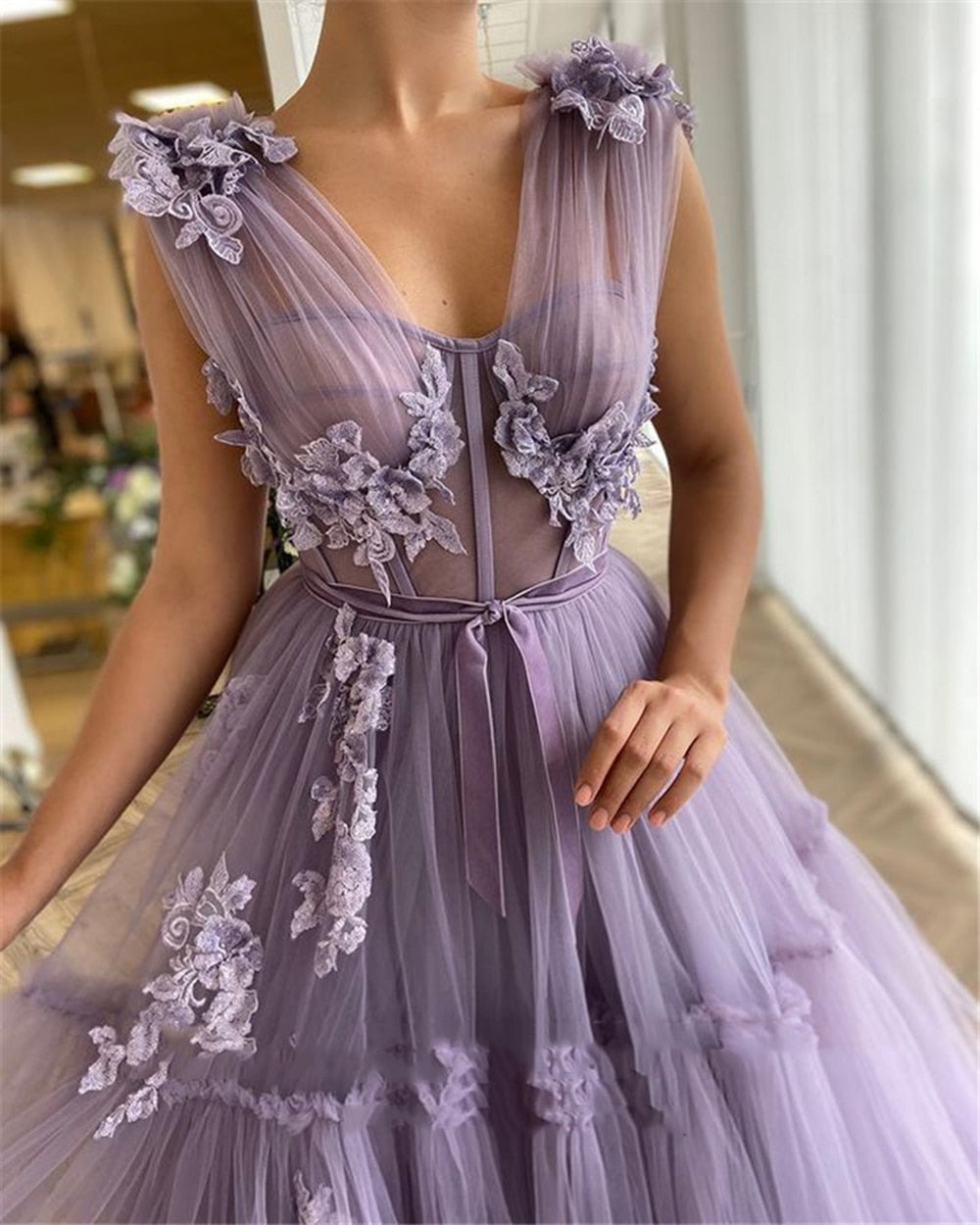 Elegant Prom Dresses Lavender Tiered Tulle Long A Line Aestido Feminino Festa Fitted Boning 3D Flowers Floor Length Evening Gow