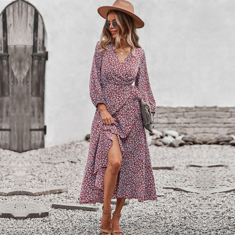 Spring Autumn Long Bandage Print Dress For Women New V Neck Full Sleeve Hight Waist Winter Maxi Dresses Ladies Elegant